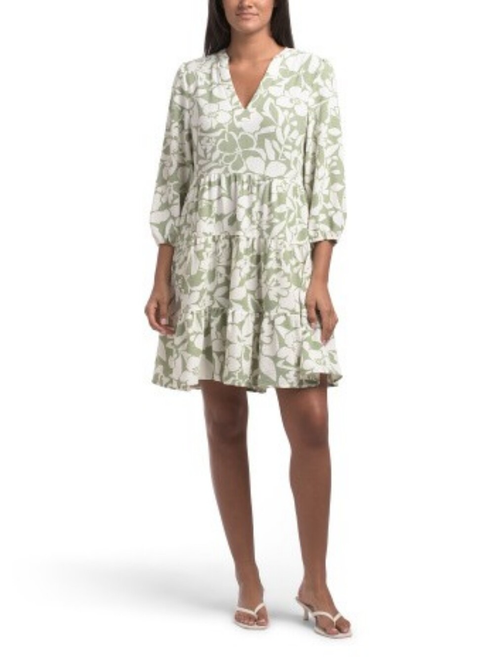 Tiered V-Neck Floral Dress in Sage